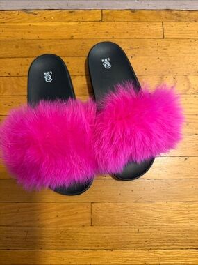 Hot Pink Faux Fur Slide Sandals